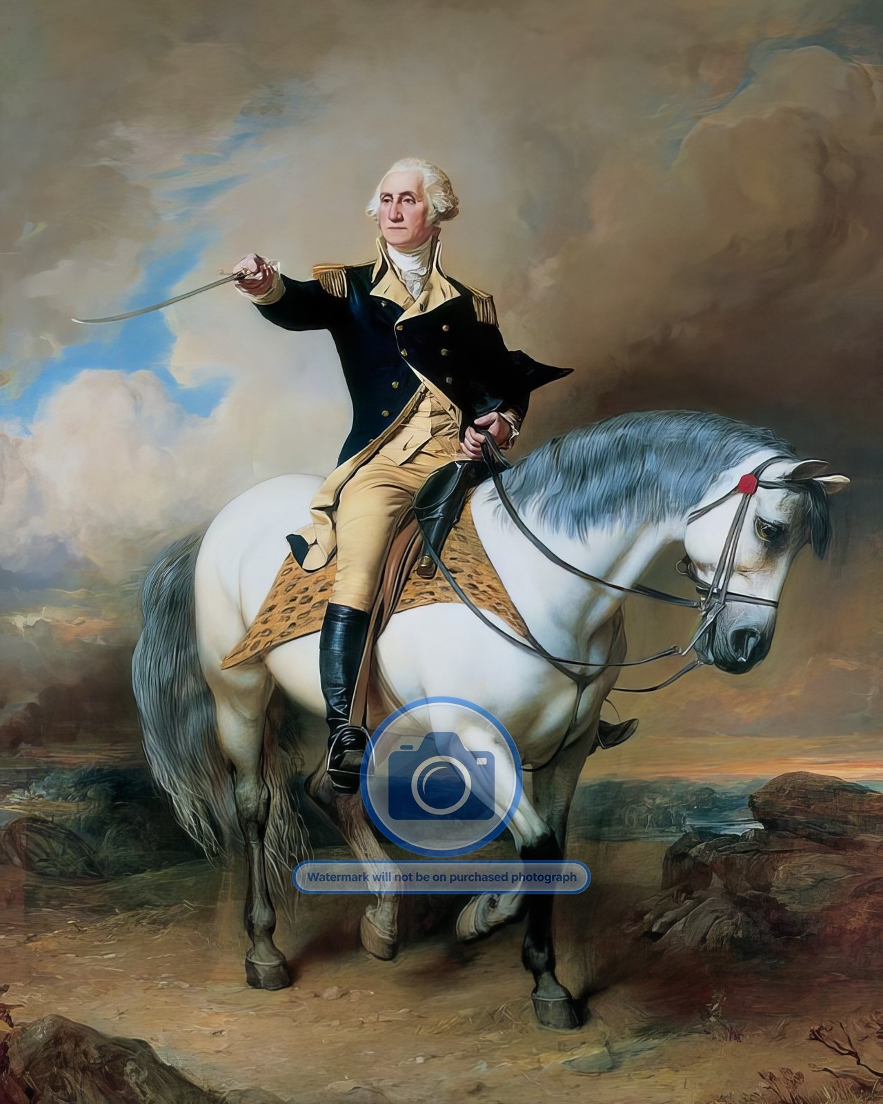 PRESIDENT GEORGE WASHINGTON RIDING HORSE WITH SWORD PAINTING 8X10 PHOTO