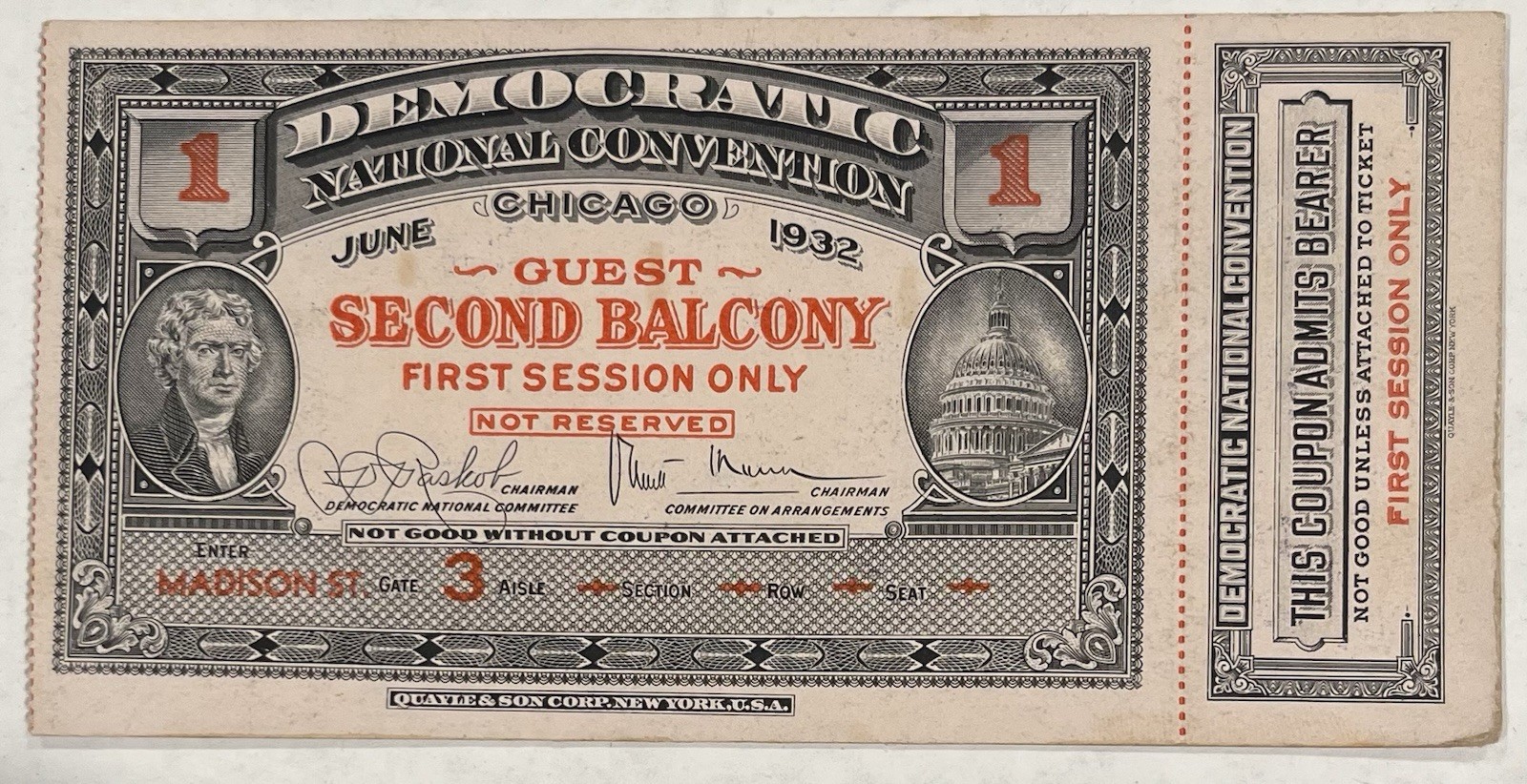 1932 Franklin Roosevelt FDR National Convention Election Delegate Ticket Chicago 1932 Franklin Roosevelt FDR National Convention Election Delegate Ticket Chicago