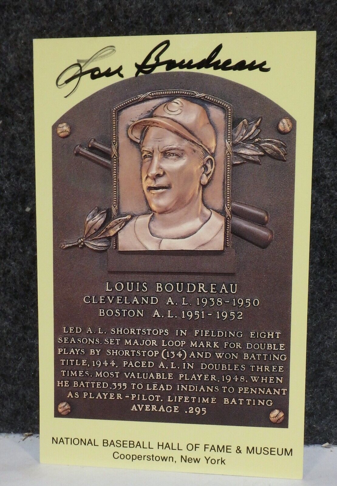 VINTAGE ORIGINAL HOF Lou Boudreau Autographed Hall of Fame Postcard CARD
