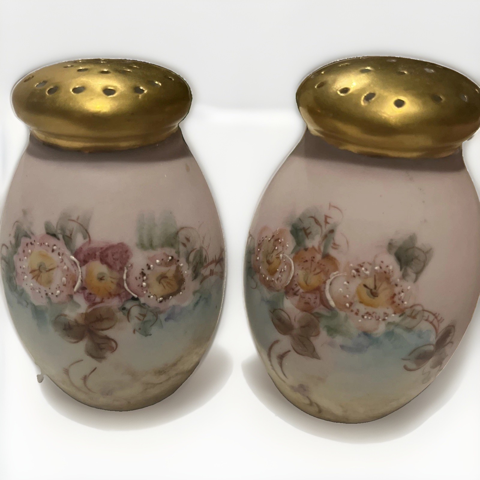 Two Vintage Sanborn-Bohm Hand-Painted Porcelain Salt & Pepper Shakers with Roses Two Vintage Sanborn-Bohm Hand-Painted Porcelain Salt & Pepper Shakers with Roses