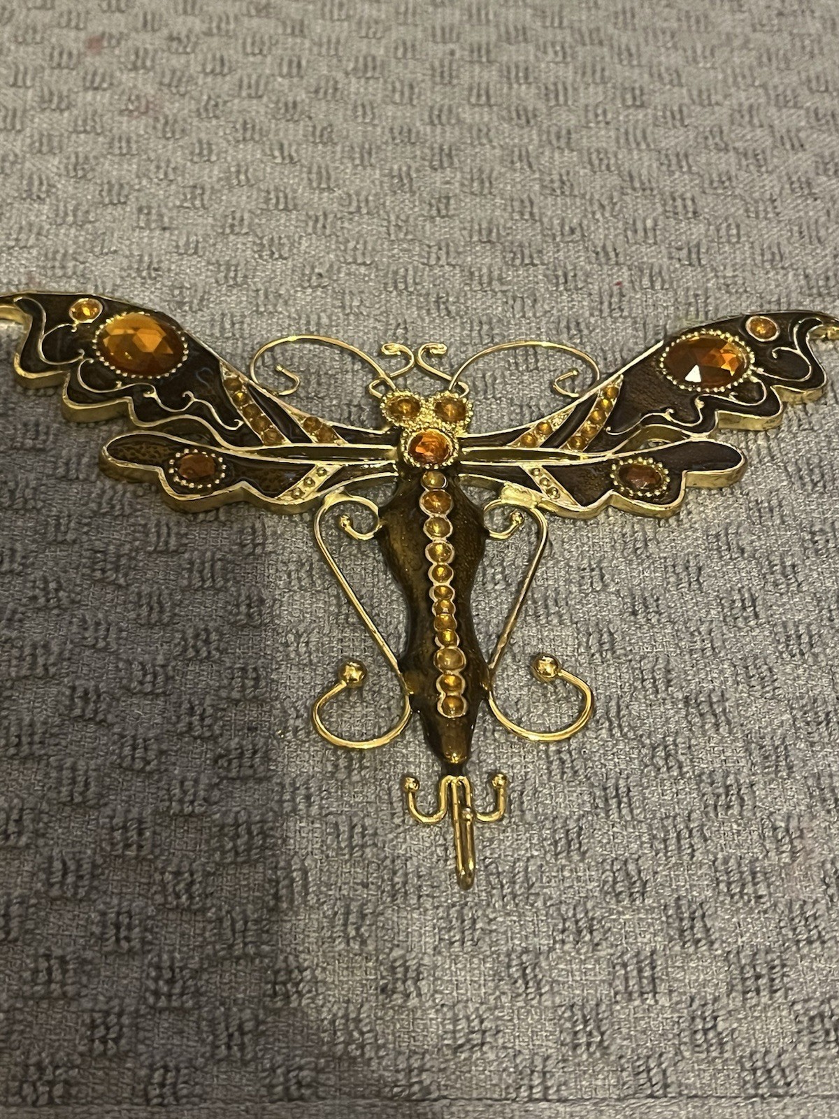 Vintage Art Nouveau Gold Plate DRAGONFLY Enamel w/ Orange Crystals Decor Vintage Art Nouveau Gold Plate DRAGONFLY Enamel w/ Orange Crystals Decor