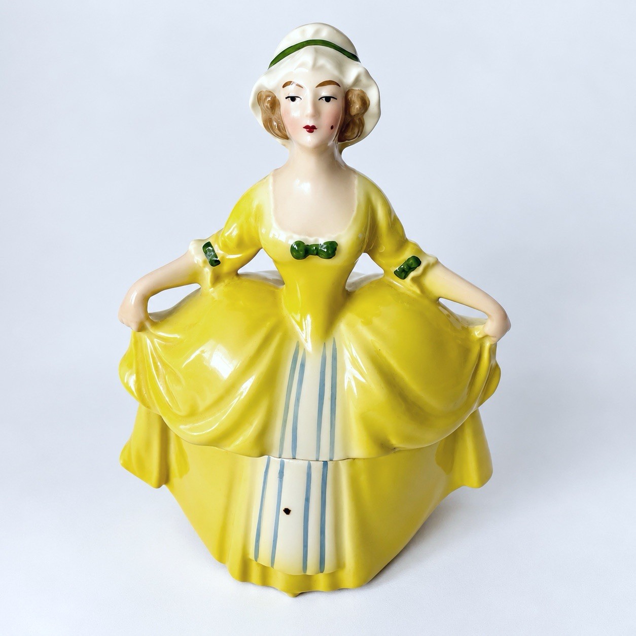 Antique E&R Germany Madame Pompadour Dresser Doll Yellow Powder Trinket Box Antique E&R Germany Madame Pompadour Dresser Doll Yellow Powder Trinket Box