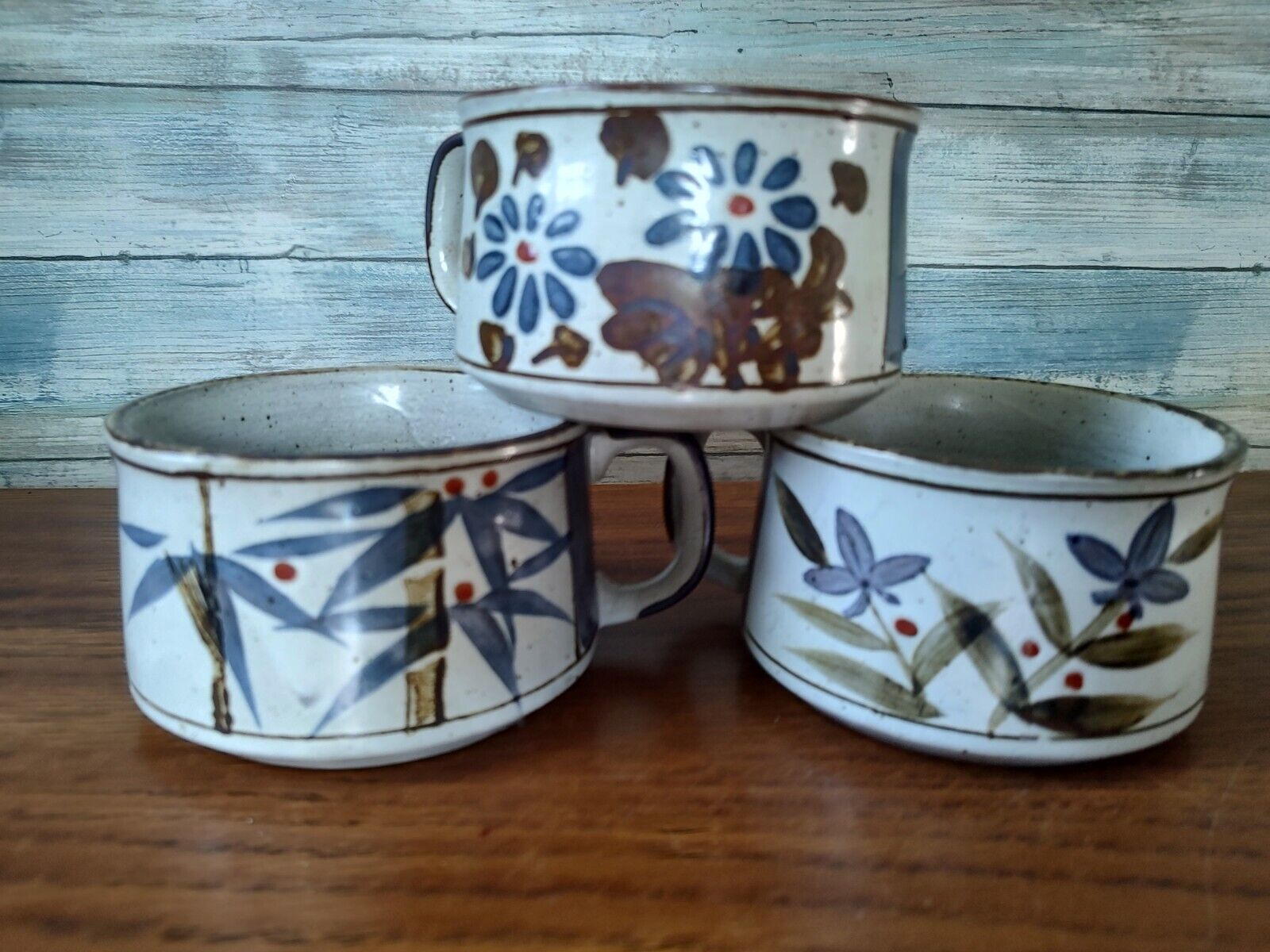  3 Vintage Otagiri Japan Speckled Stoneware Soup Mugs Handle Flowers Bamboo Blue