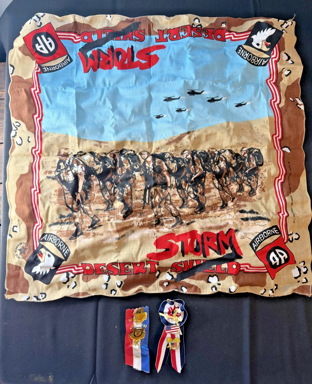 Vintage 1991 Desert Storm Shield Bandana 82nd 101st Airborne + 2 Pin Ribbons Lot