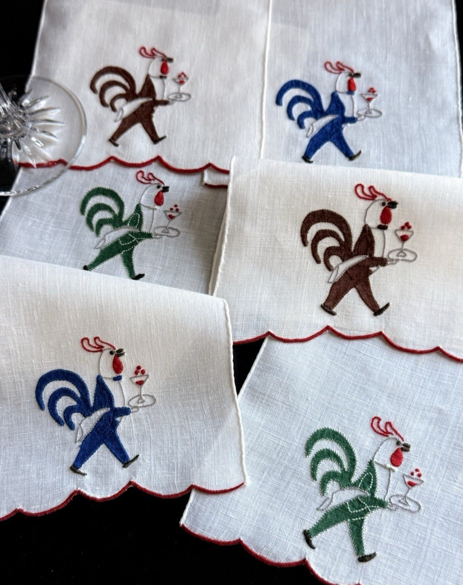 Vintage Cocktail Napkins Madeira Hand Embroidered Bartender Roosters Set of 6 Vintage Cocktail Napkins Madeira Hand Embroidered Bartender Roosters Set of 6