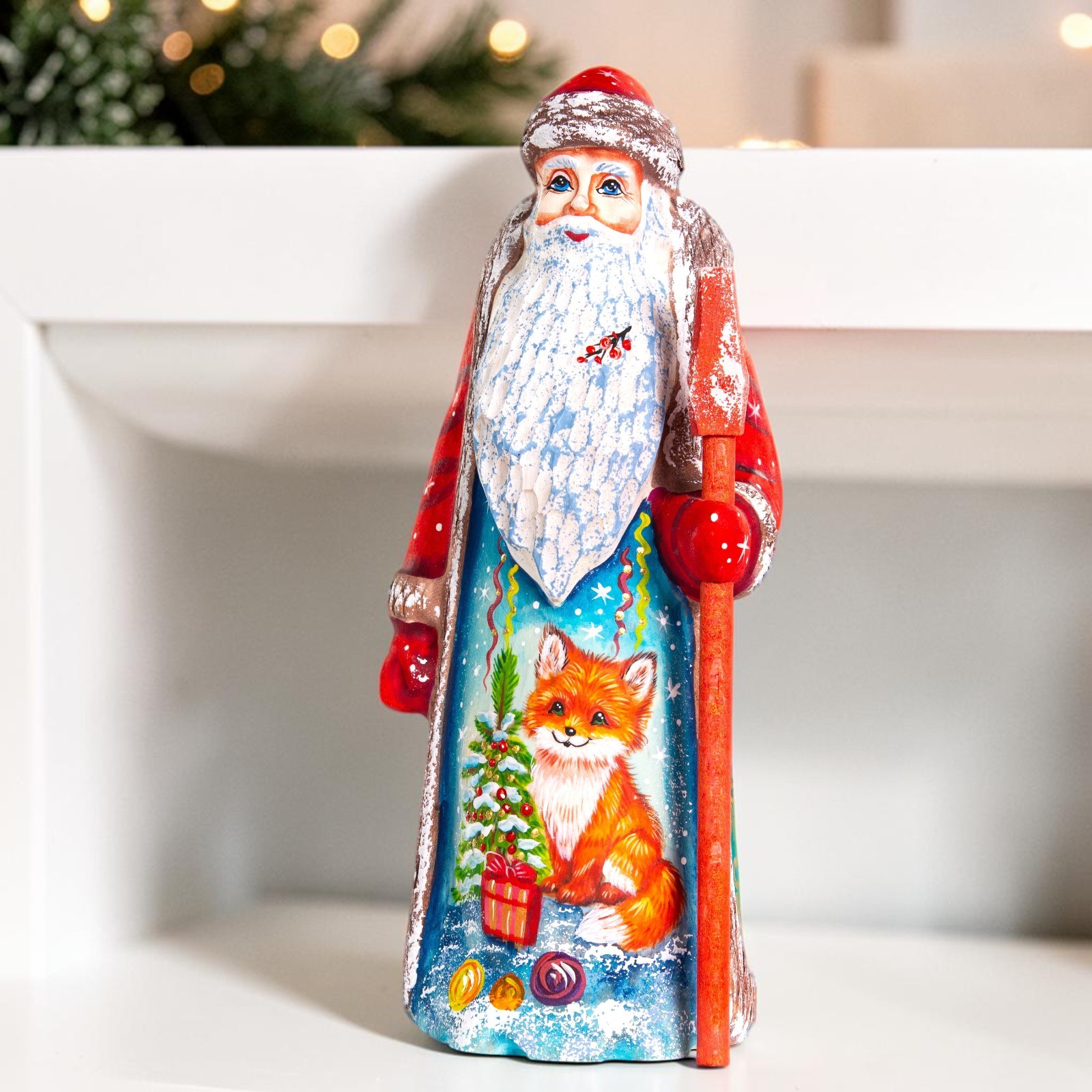 Hand Carved Wooden Russian Santa Figurine Signed 7.5 in, Fox and Christmas Tree