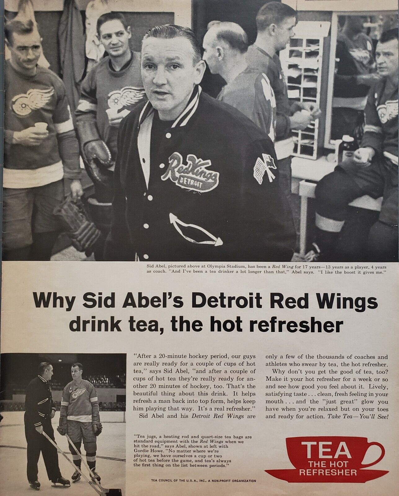 1962 Tea Council USA Sid Abel\'s Detroit Red Wings Drinks Tea Refresher Print Ad