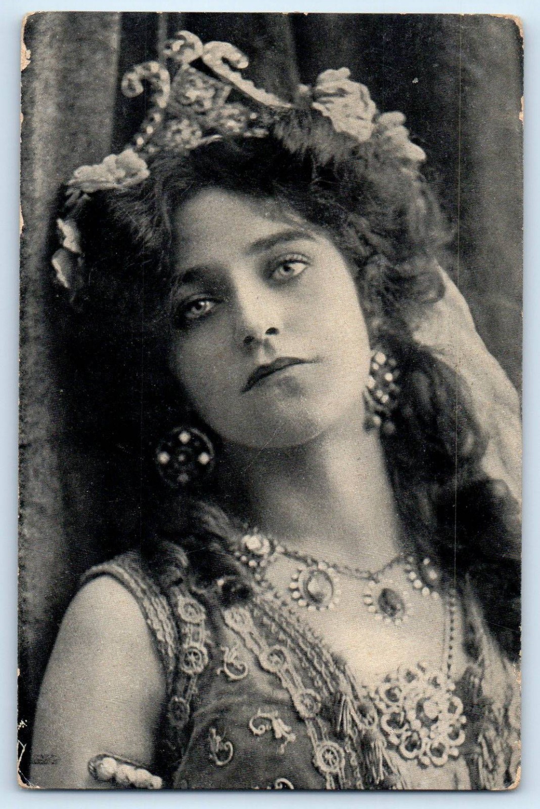 c1910's Pretty Woman Curly Hair With Crown Portrait Studio Antique Postcard