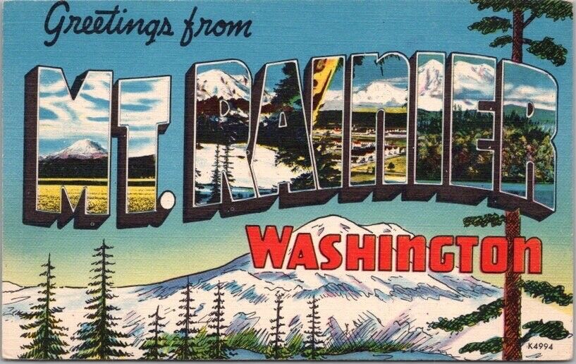 Vintage MT. RAINIER, Washington Large Letter Postcard Colourpicture Linen 1940s