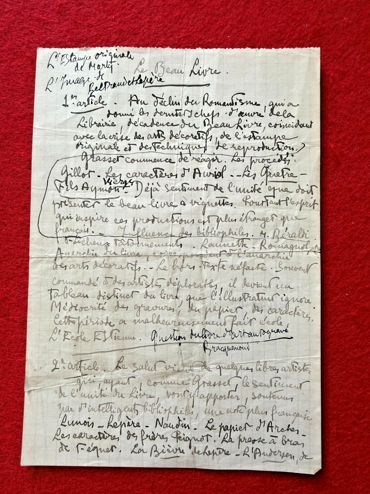 CO15-SIGNED AUTOGRAPH MANUSCRIPT-RAYMOND ESCHOLIER-ROMANTICISM-THE BEAUTIFUL BOOK