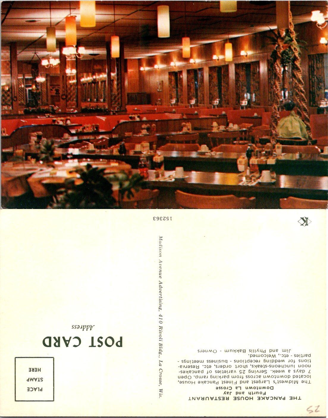 Vintage La Crosse WI The Pancake House Restaurant Postcard Unposted Dining Room Vintage La Crosse WI The Pancake House Restaurant Postcard Unposted Dining Room