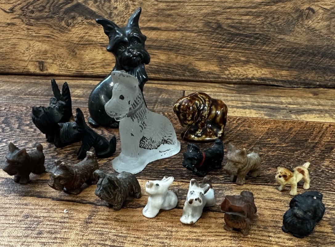 VINTAGE LOT OF 15 TERRIER FIGURES PLUS OTHERS-PORCELAIN WOOD GLASS