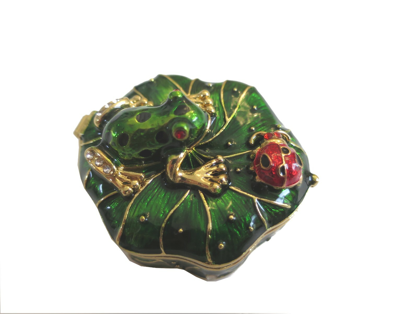 Bejeweled Frog & ladybug on Lotus leaf Hinged Metal Enameled Crystal Trinket box Bejeweled Frog & ladybug on Lotus leaf Hinged Metal Enameled Crystal Trinket box