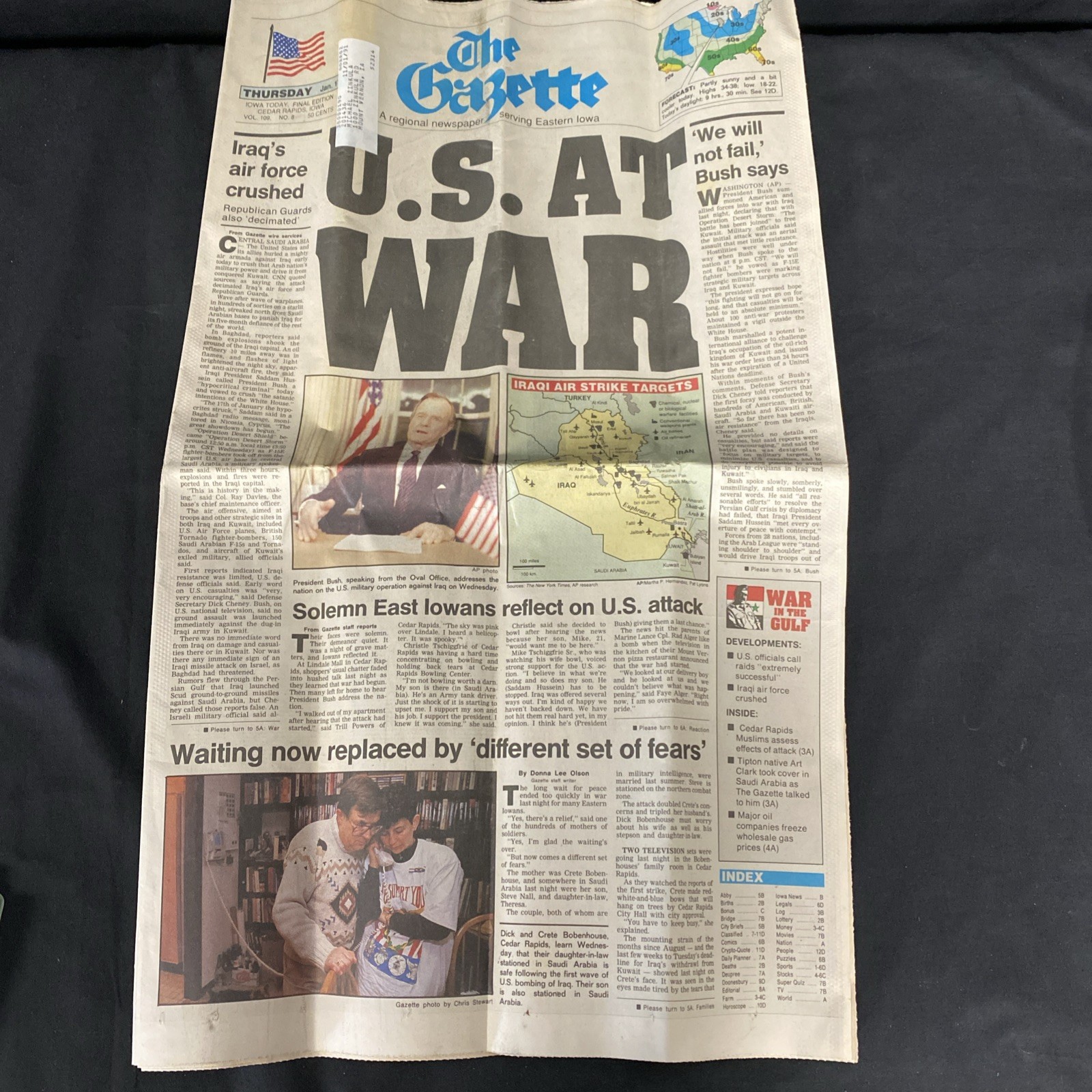 Cedar Rapids Gazette - January 17, 1991 - U.S. AT WAR Edition - Gulf War IA Iowa Cedar Rapids Gazette - January 17, 1991 - U.S. AT WAR Edition - Gulf War IA Iowa