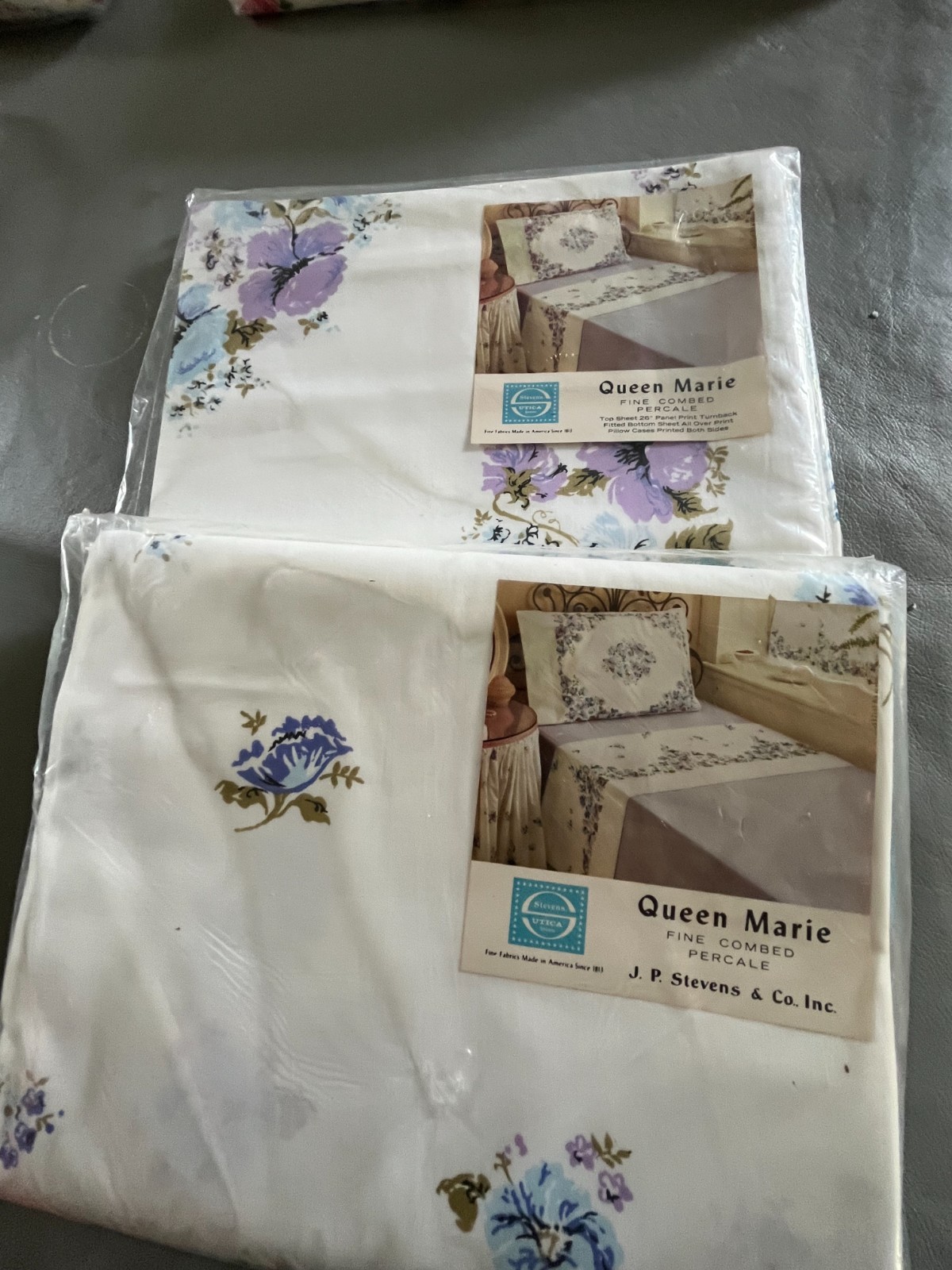 VTG Queen Marie Pillow Cases Sheet Double Sheet  Set NIB Purple/Blues Floral