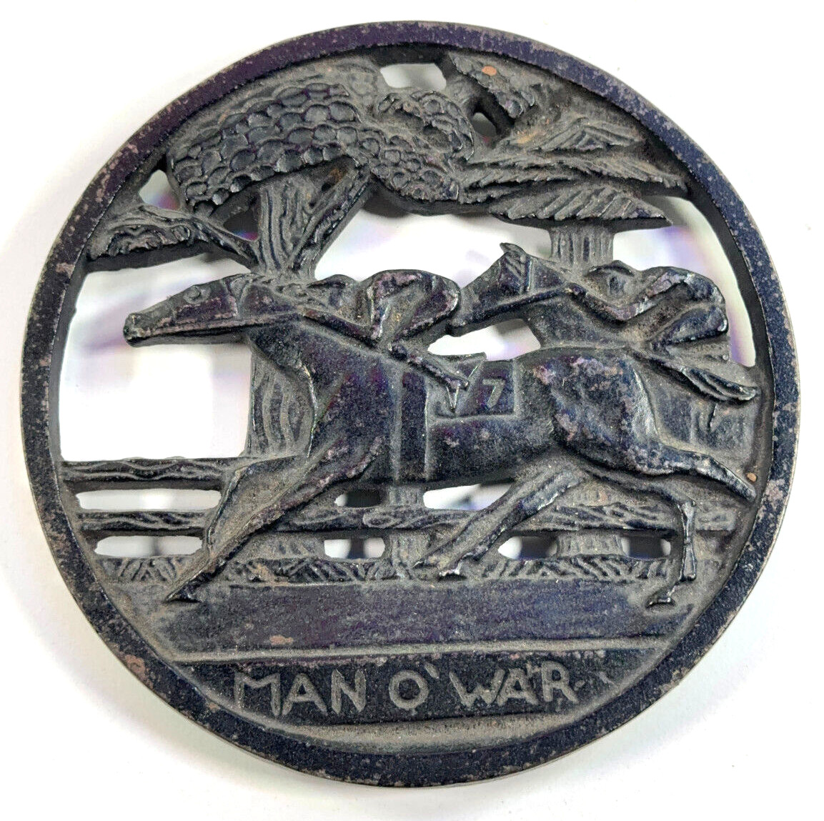 Original Vintage Man O\'War Horse Racing Advertising Kitchen Trivet CAST IRON Original Vintage Man O\'War Horse Racing Advertising Kitchen Trivet CAST IRON