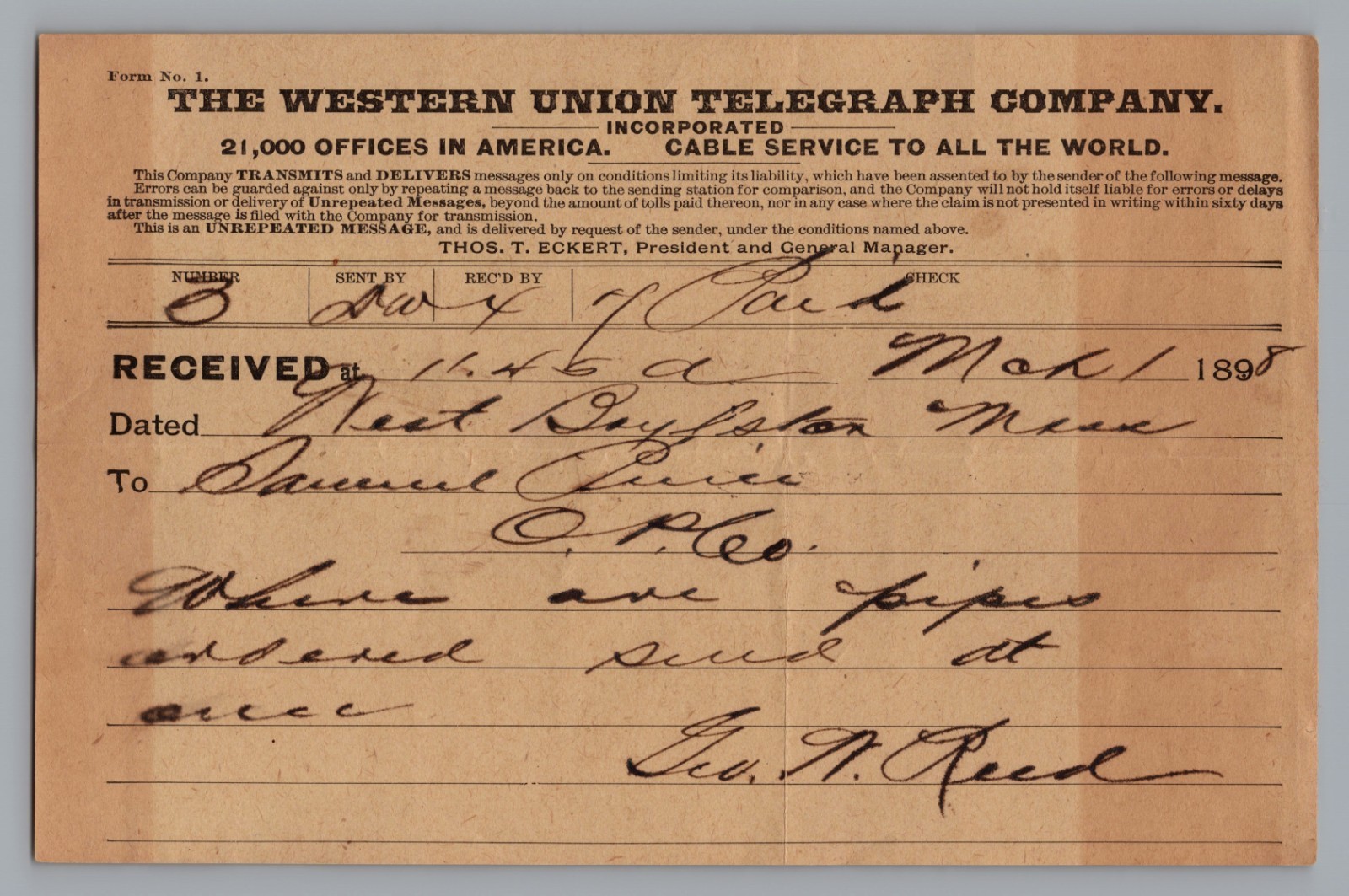 Rare 1898 Western Union Telegram Lincoln Confidant Thomas Eckert Samuel Pierce