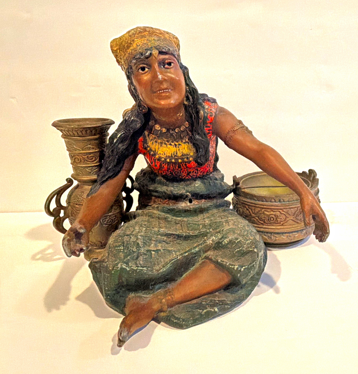 Antique hand painted Gypsy woman made of bronze ashtray and match holder