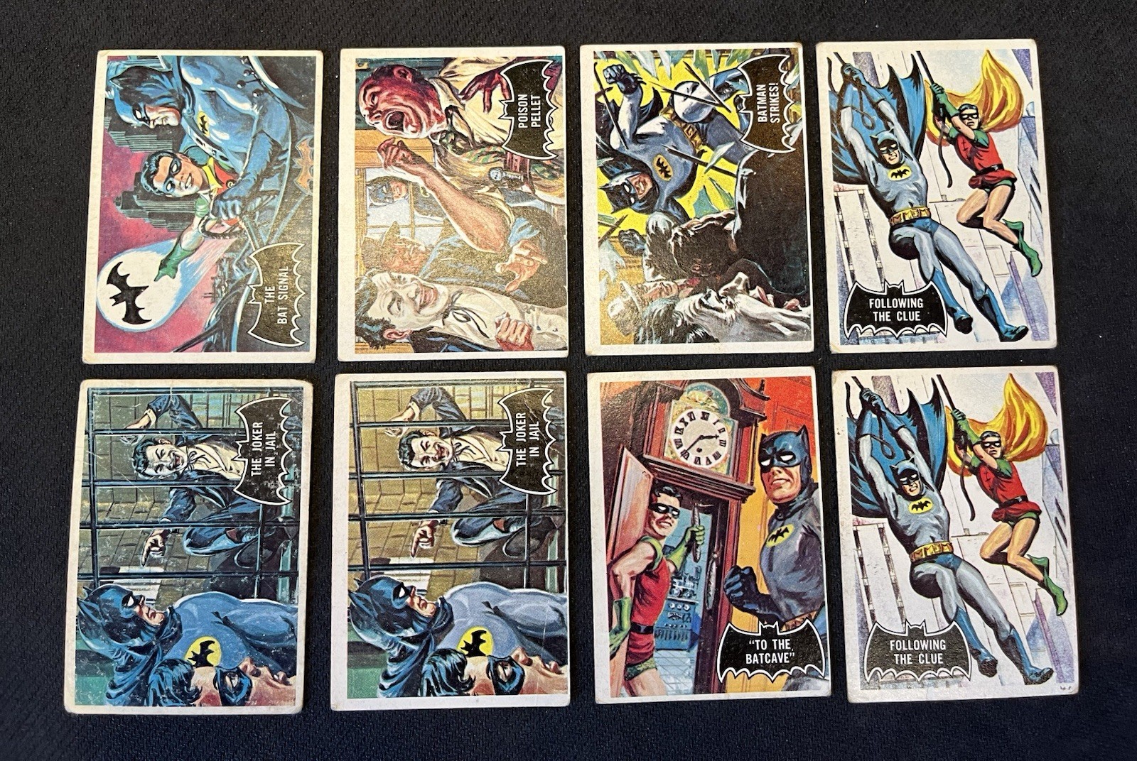 1966 Topps Batman Black Bat 8 Card Lot. To The Batcave, The Joker In Jail Etc.