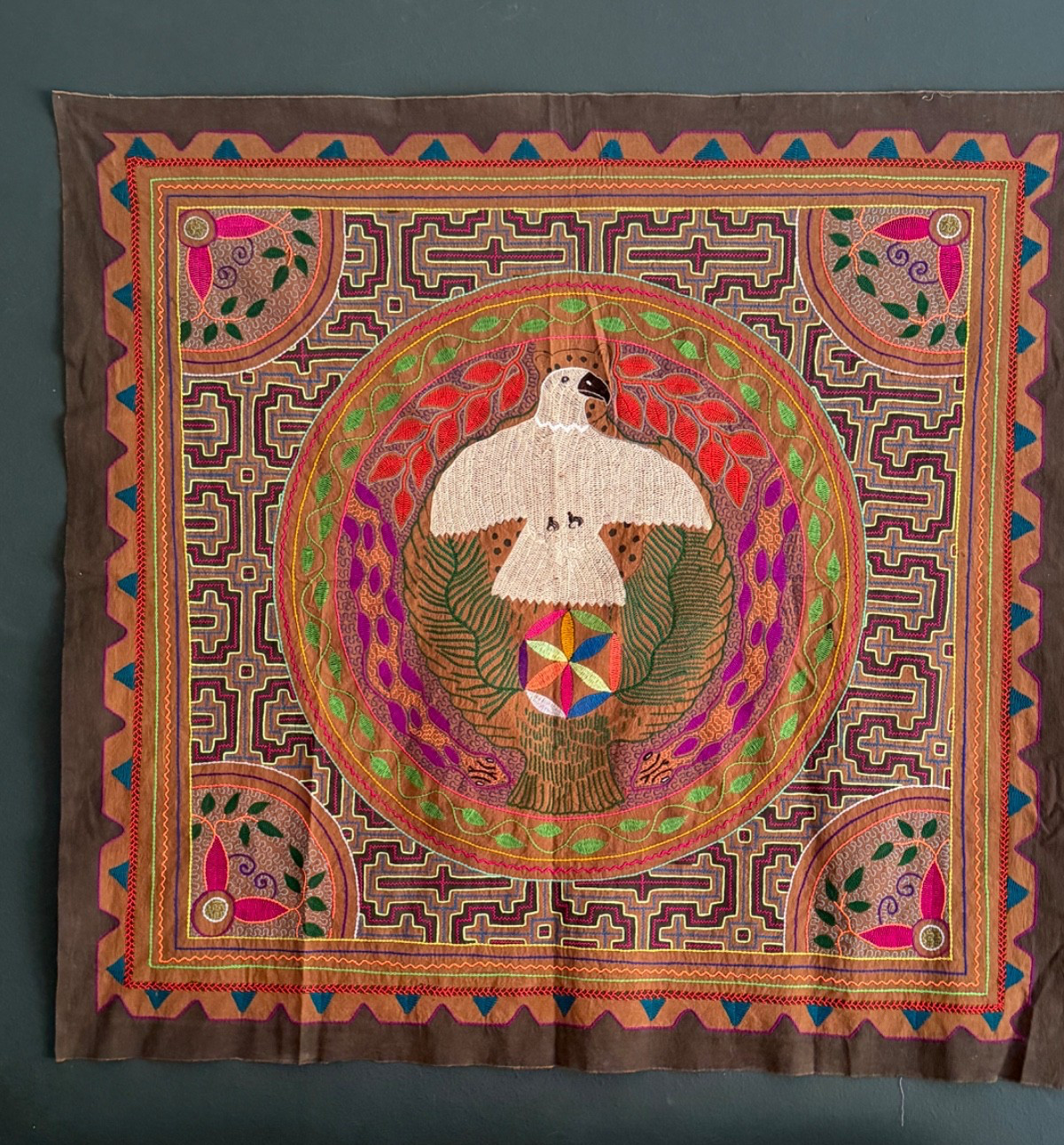 Shipibo Native Hand Embroidery Harpy Eagle Jaguar Visions manta 59 in x 55 in Shipibo Native Hand Embroidery Harpy Eagle Jaguar Visions manta 59 in x 55 in