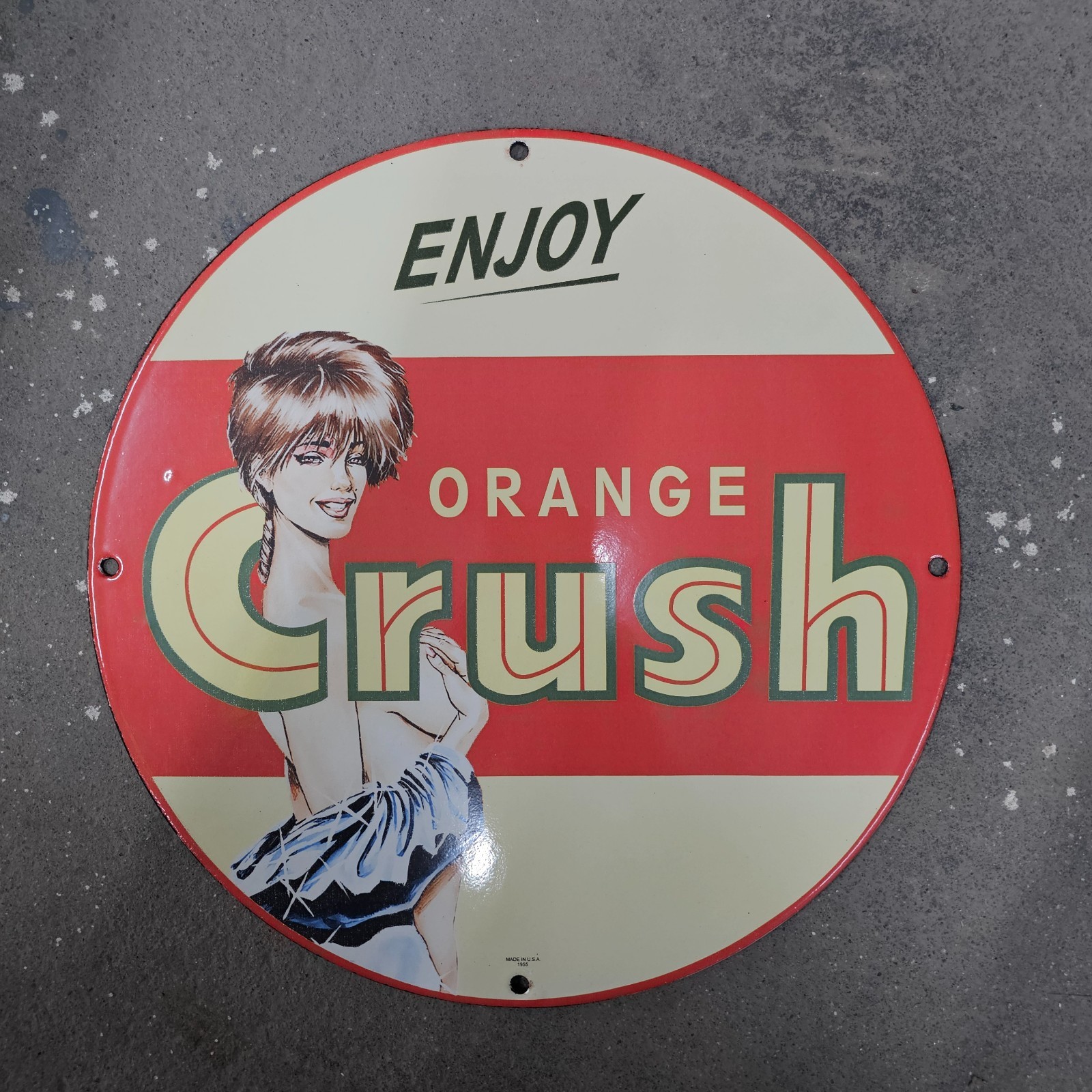 VINTAGE ENJOY CRUSH OLD US GASOLINE OIL GAS PUMP ENAMEL PORCELAIN SIGN