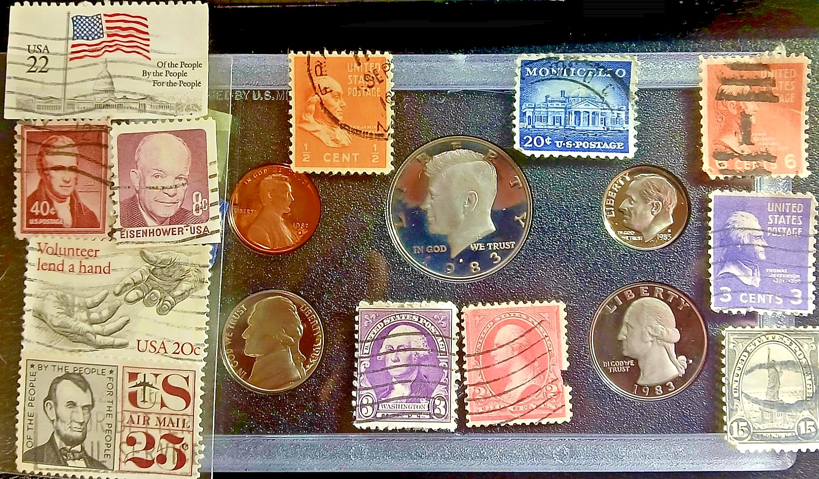 1983 S Proof Set Original Box 5 Coins+Rare US 19stamp mix collection trove combo 1983 S Proof Set Original Box 5 Coins+Rare US 19stamp mix collection trove combo