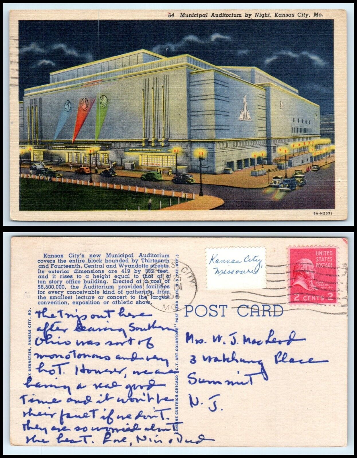 MISSOURI Postcard - Kansas City, Municipal Auditorium At Night S9