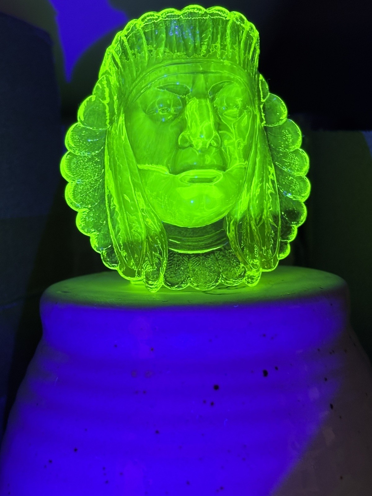 Vintage Boyd Uranium Vaseline Glass Indian Chief Head Toothpick Holder Glows UV Vintage Boyd Uranium Vaseline Glass Indian Chief Head Toothpick Holder Glows UV