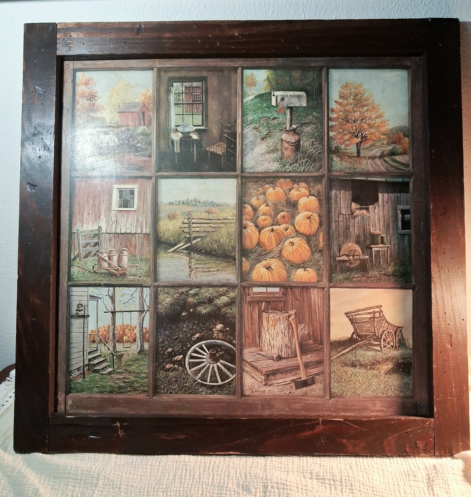 Vintage Beautifully Rustic Framed 12 Panel Pane Picture Prints by B Mitchell