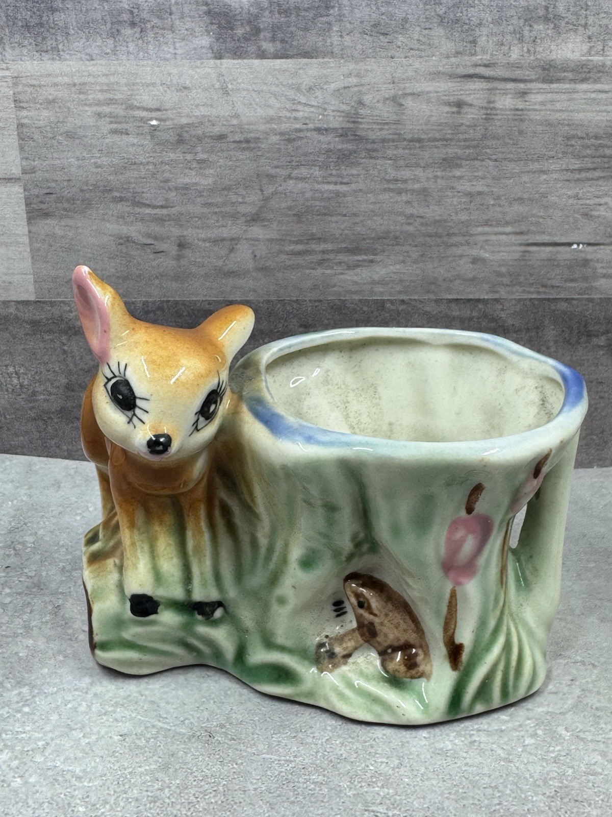 Vintage Nippon Ceramic Brown Spotted Fawn Deer and Frog w/Stump Planter 3.5” Vintage Nippon Ceramic Brown Spotted Fawn Deer and Frog w/Stump Planter 3.5”
