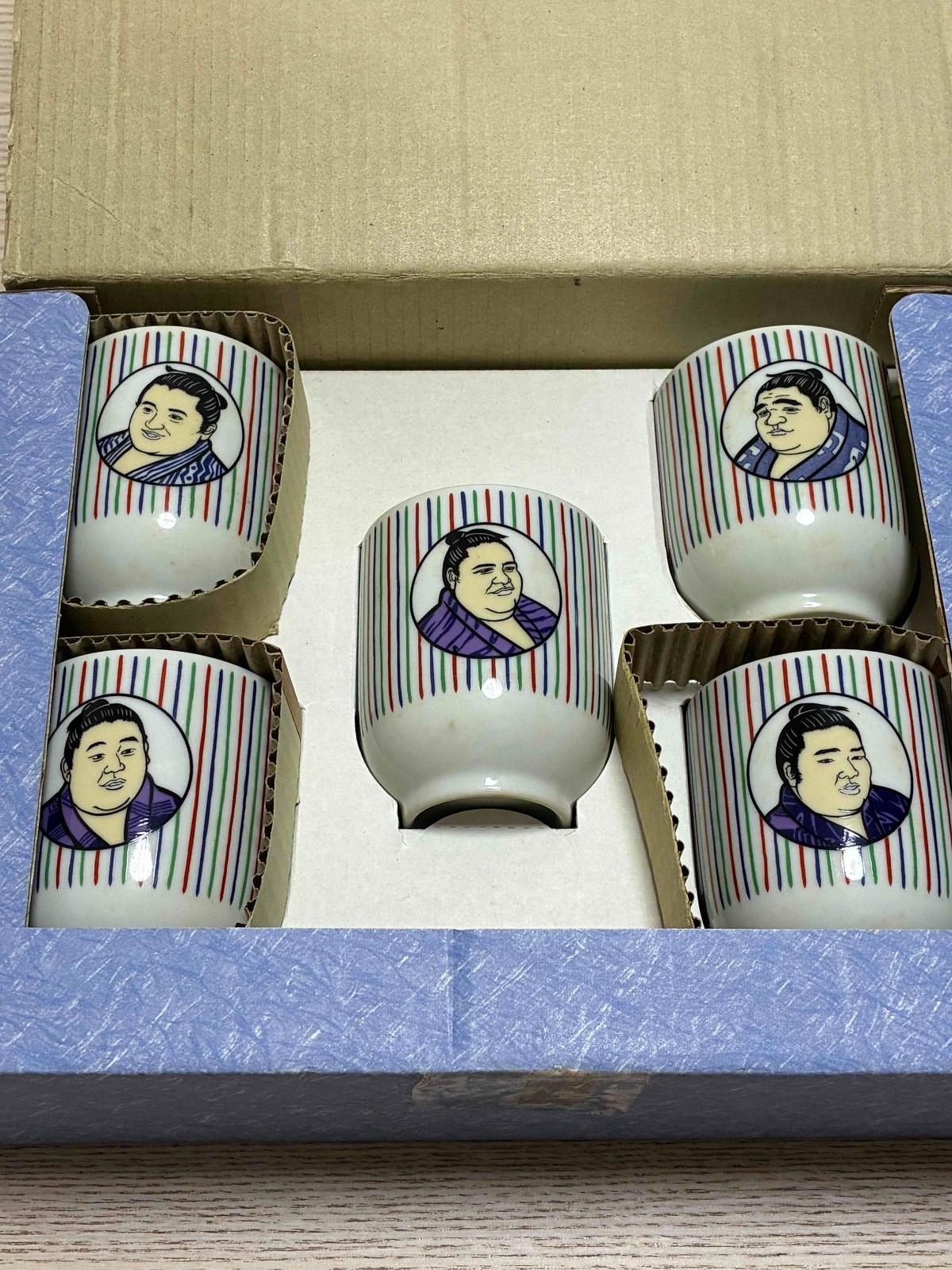 Vintage Grand Sumo Teacup Set 5pc 1990s Takanohana Akebono Wakanohana + Box Mint