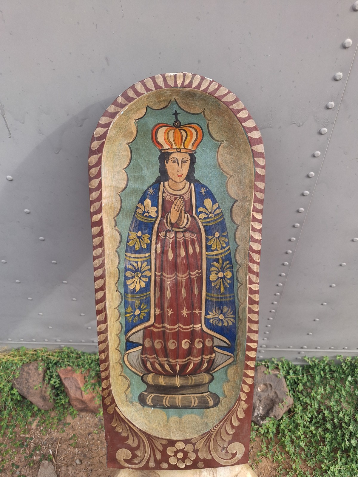 Vintage Mexican Folk Art Wood Batea Bowl Religious Retablo Santos