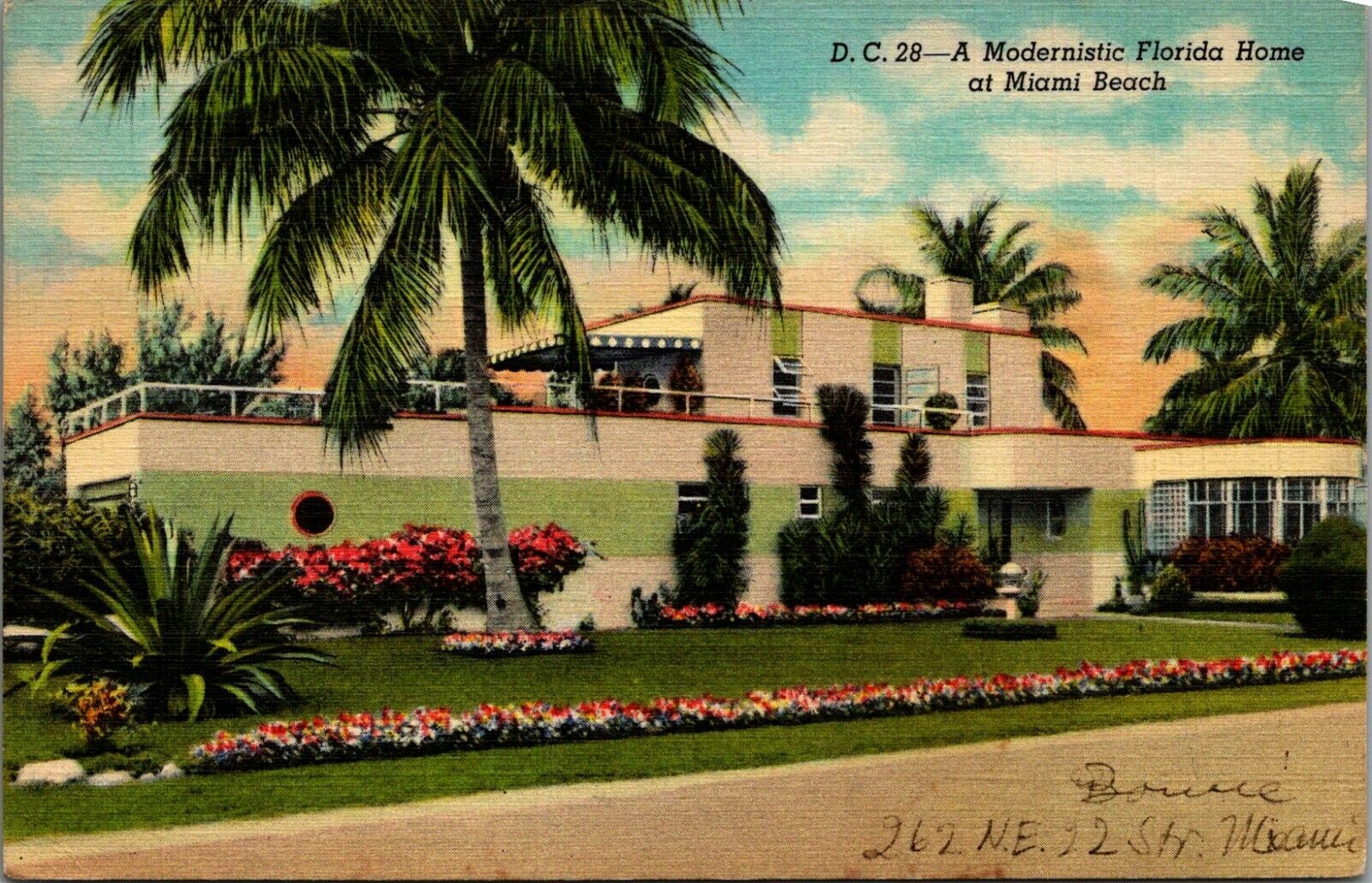 Modernistic Florida Home Miami FL linen picture postcard 