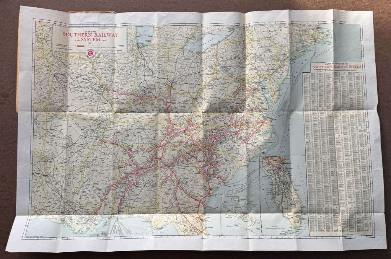 Vintage April 1943 Map of the Southern Railway System Railroad RR Train Vintage April 1943 Map of the Southern Railway System Railroad RR Train
