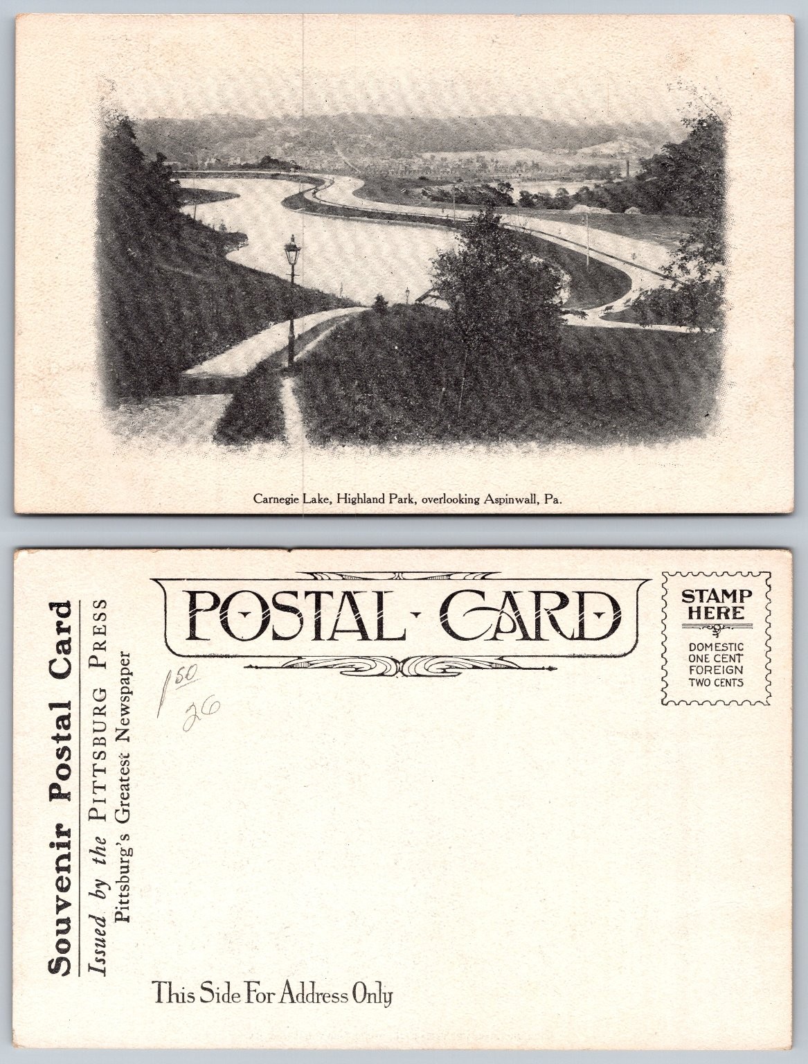 Carnegie Lake Highland Park Pittsburg PA Postcard Aspinwall View 1907-1919 Carnegie Lake Highland Park Pittsburg PA Postcard Aspinwall View 1907-1919