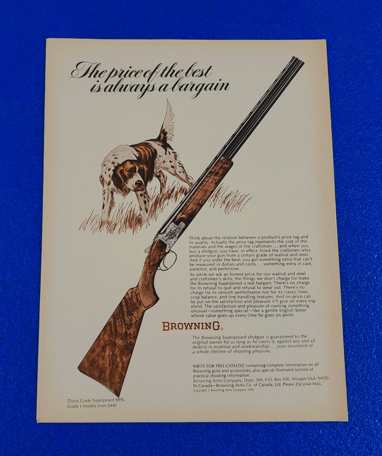 1970 Browning Superposed Shotgun Vintage Hunting Print Ad English Setter Partner