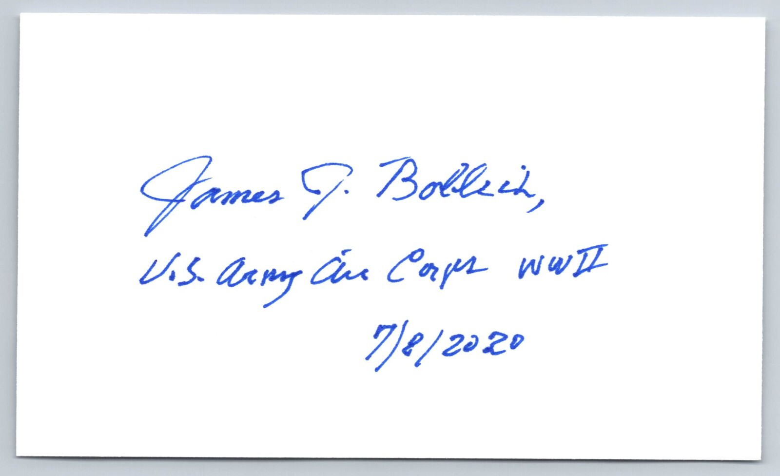 James Bollich Hand Signed Index Card - WWII US Army - Bataan Death March James Bollich Hand Signed Index Card - WWII US Army - Bataan Death March