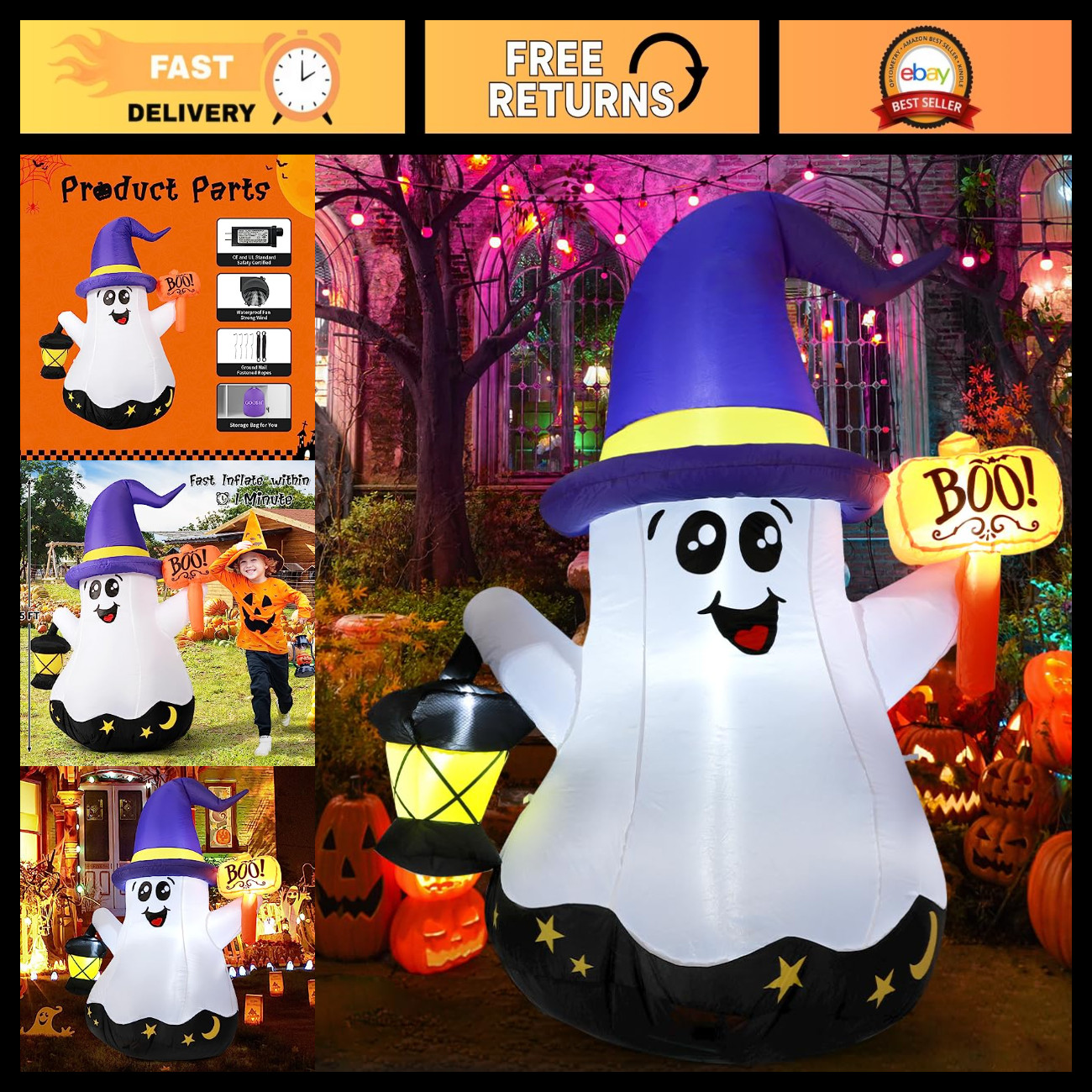 5FT Halloween Inflatable Ghost Decoration - Cute Wizard with LED Lights for Yard 5FT Halloween Inflatable Ghost Decoration - Cute Wizard with LED Lights for Yard