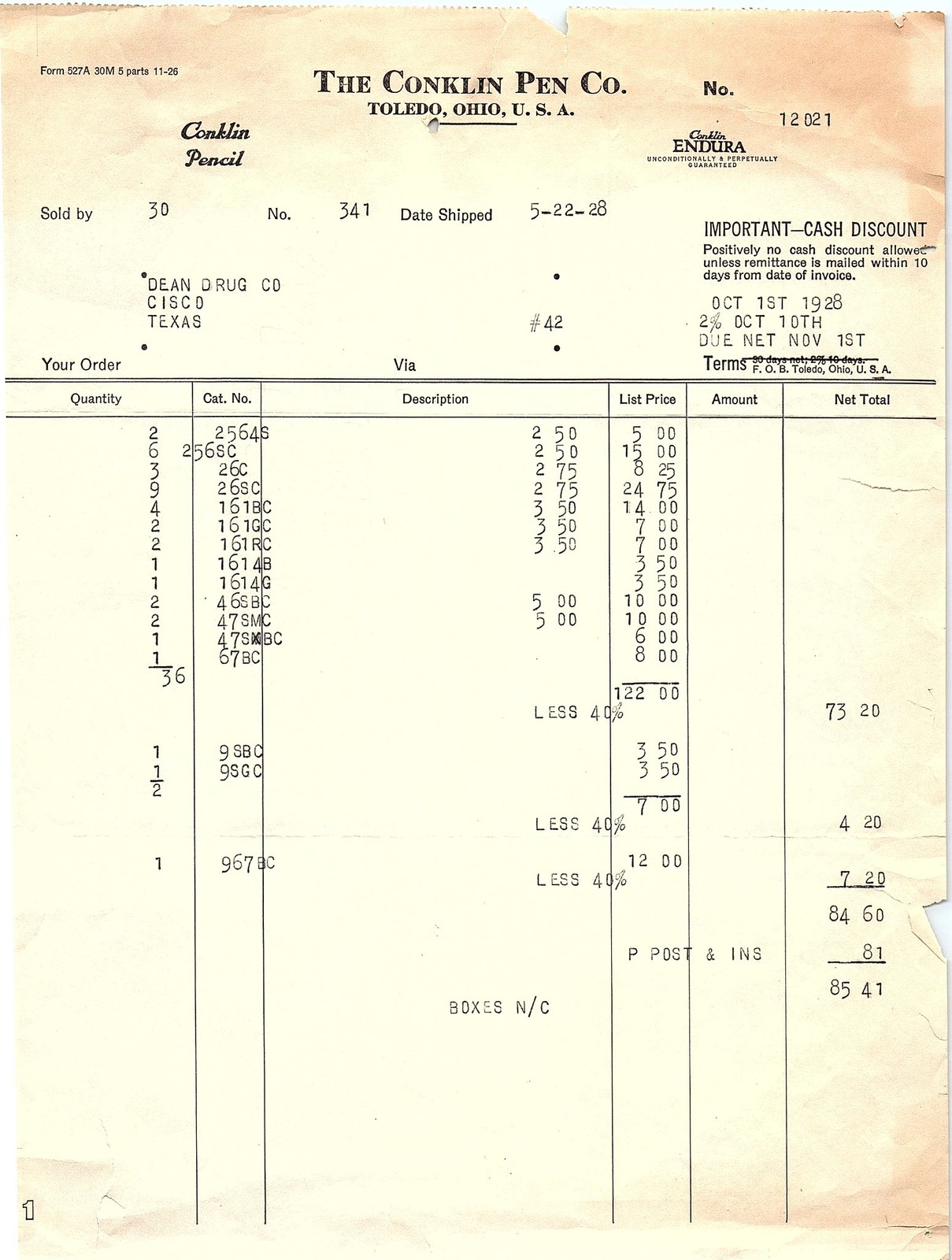 1928 Conklin Pen Co. vintage billhead/invoice 1928 Conklin Pen Co. vintage billhead/invoice