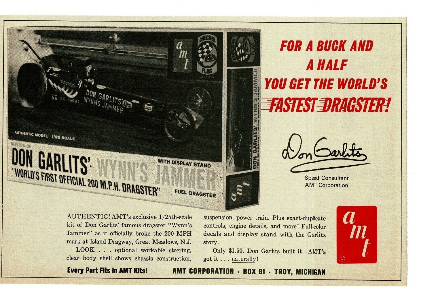1965 AMT Model Car Kit DON GARLITS Wynn's Jammer dragster Vintage Print Ad 