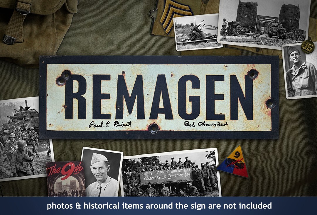 Remagen 1945 sign and 9th Armored M4A3 Sherman art autographed by WWII heroes
