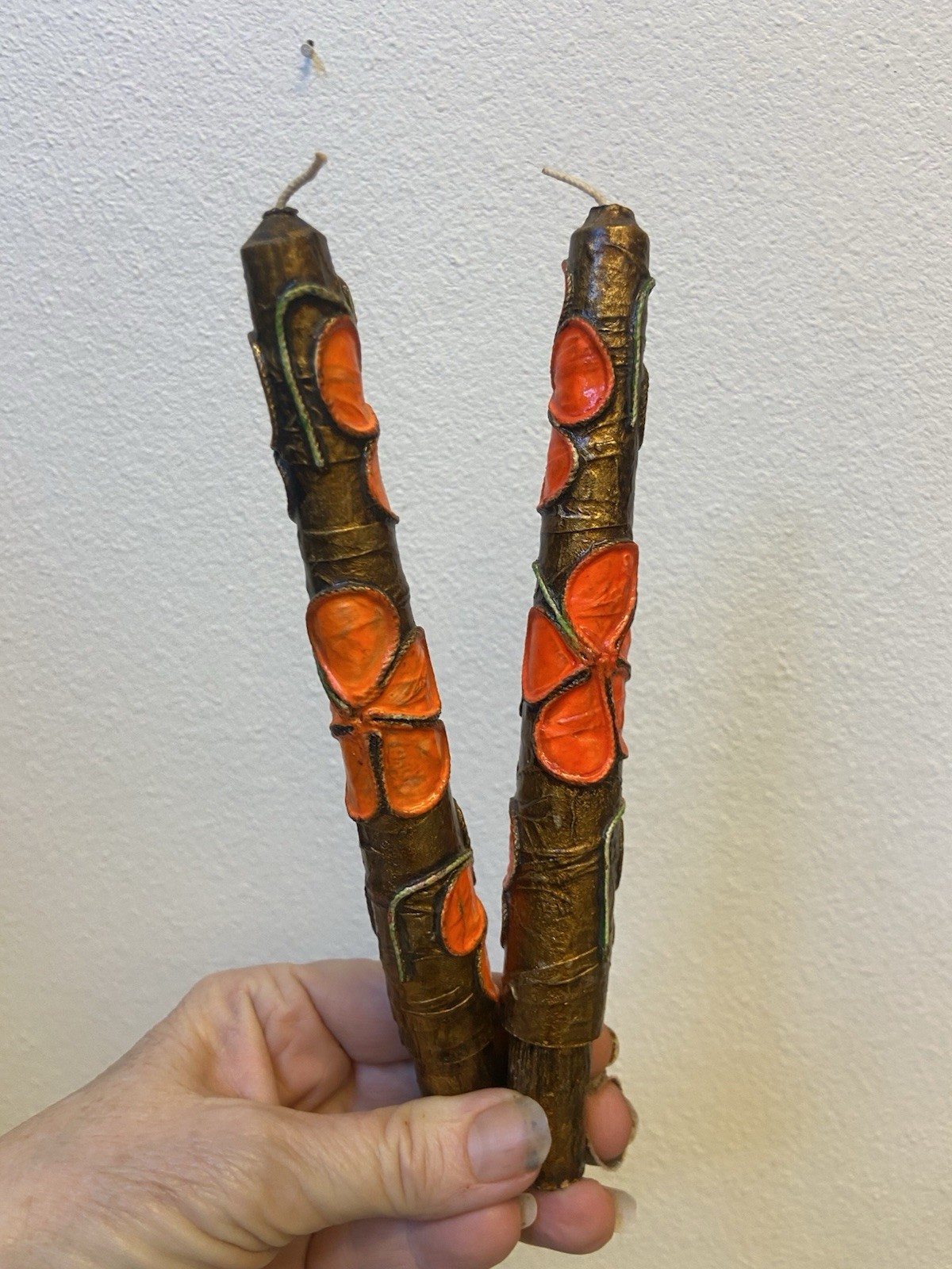 2 Vintage MCM Taper Candles Brown With Orange Flowers Maximalist Design 8” Tall