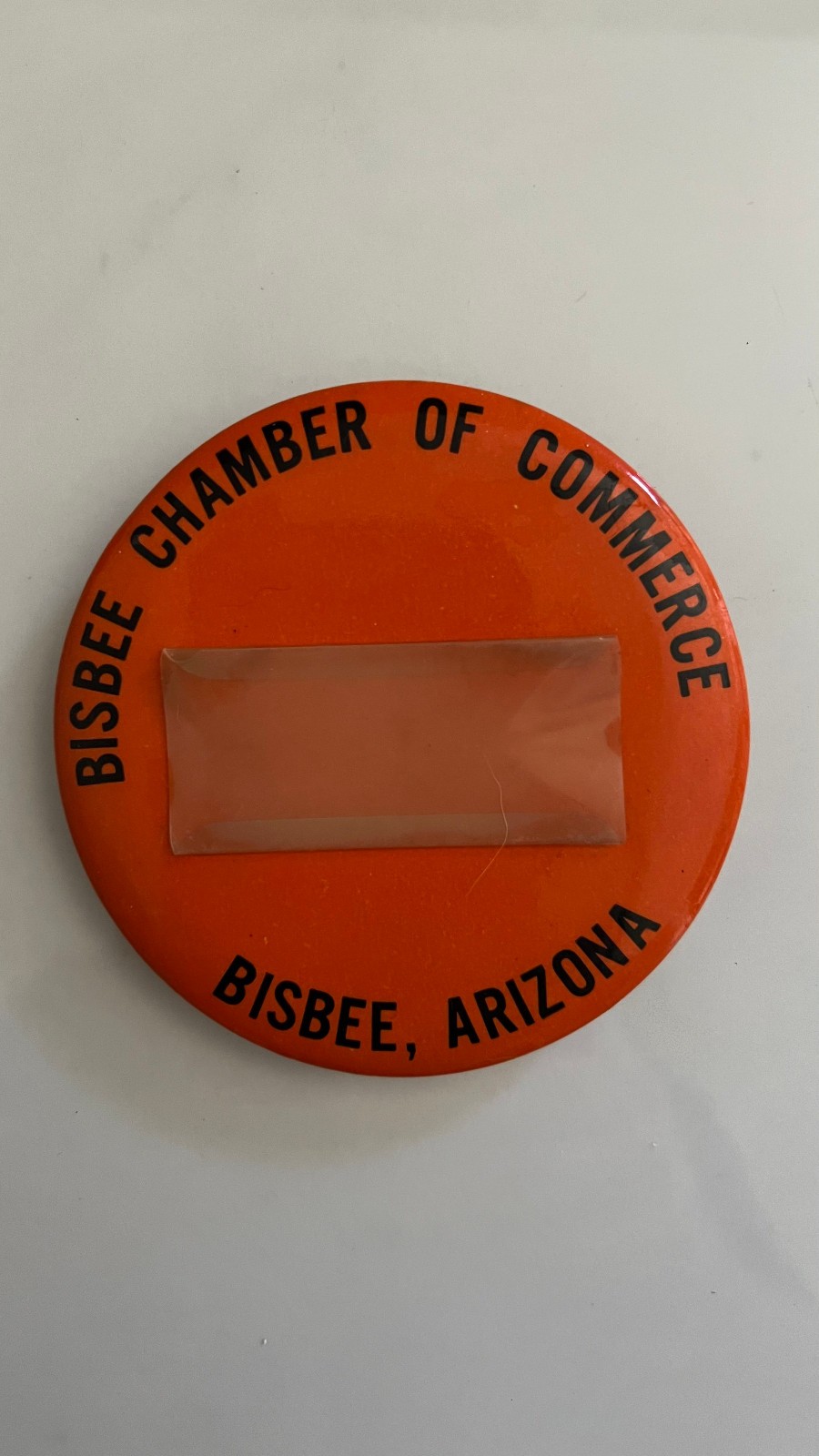Vintage Bisbee Chamber of Commerce Name Tag Pinback Button – Orange Celluloid ID Vintage Bisbee Chamber of Commerce Name Tag Pinback Button – Orange Celluloid ID