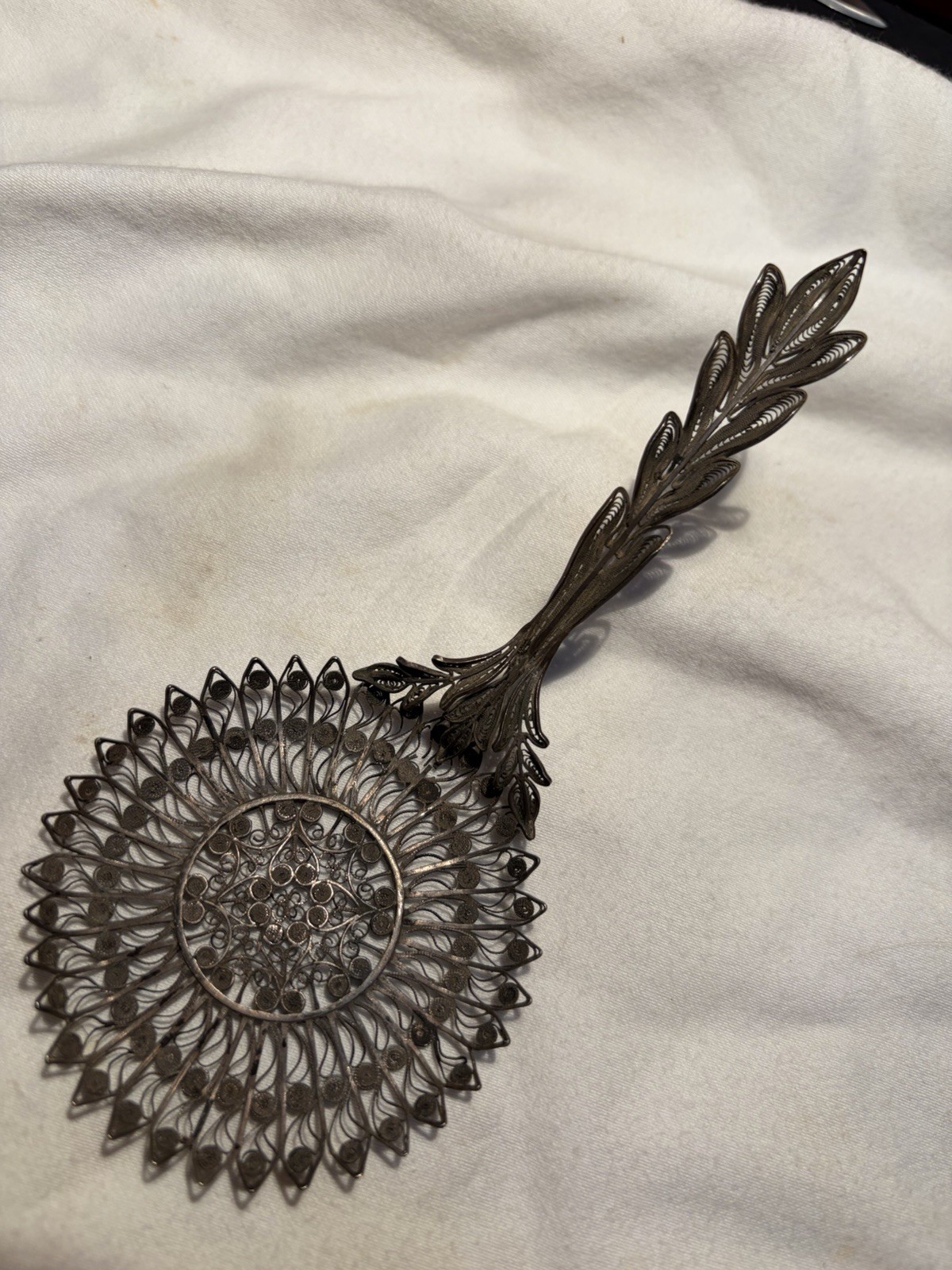 Antique Filigree C 1890 Silver Tea Strainer 5” NH farmhouse find Antique Filigree C 1890 Silver Tea Strainer 5” NH farmhouse find