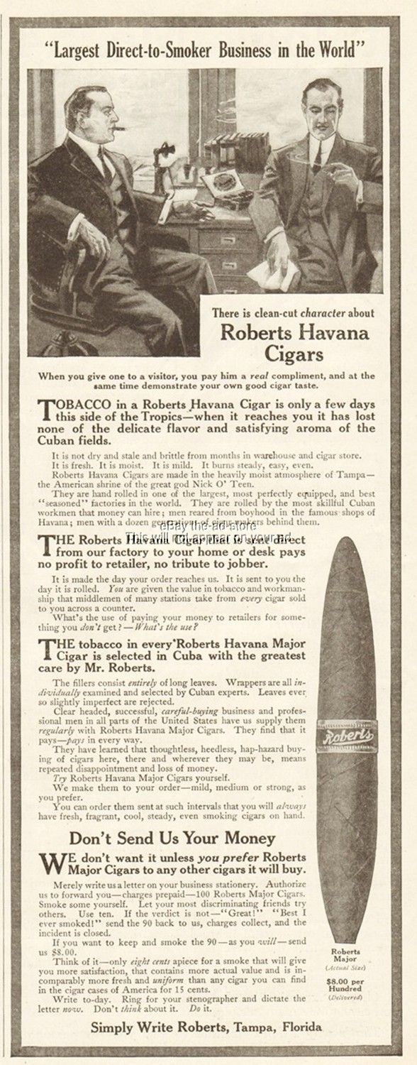1911 Roberts Major Havana Cigar Vintage Print Ad Tampa Florida Direct to Smokers