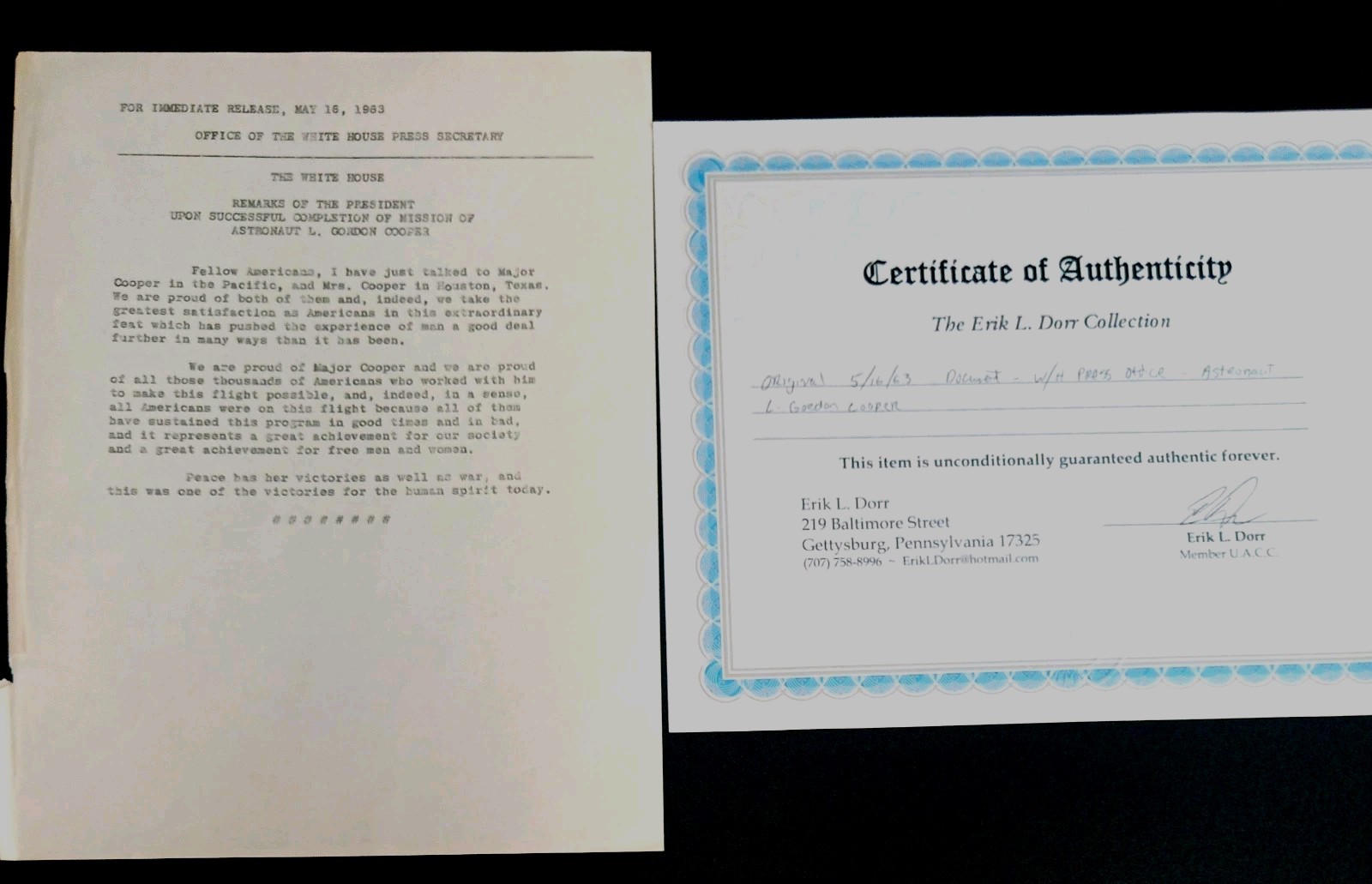 1963 JFK White House Press Release Astronaut Gordon Cooper W COA 1963 JFK White House Press Release Astronaut Gordon Cooper W COA
