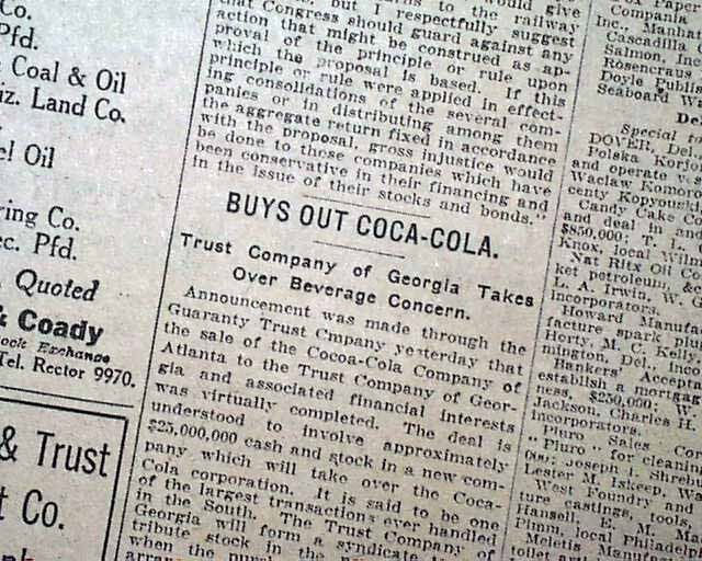 COCA-COLA COMPANY GOES PUBLIC Sold by Asa Candler Stock Market in 1919 Newspaper