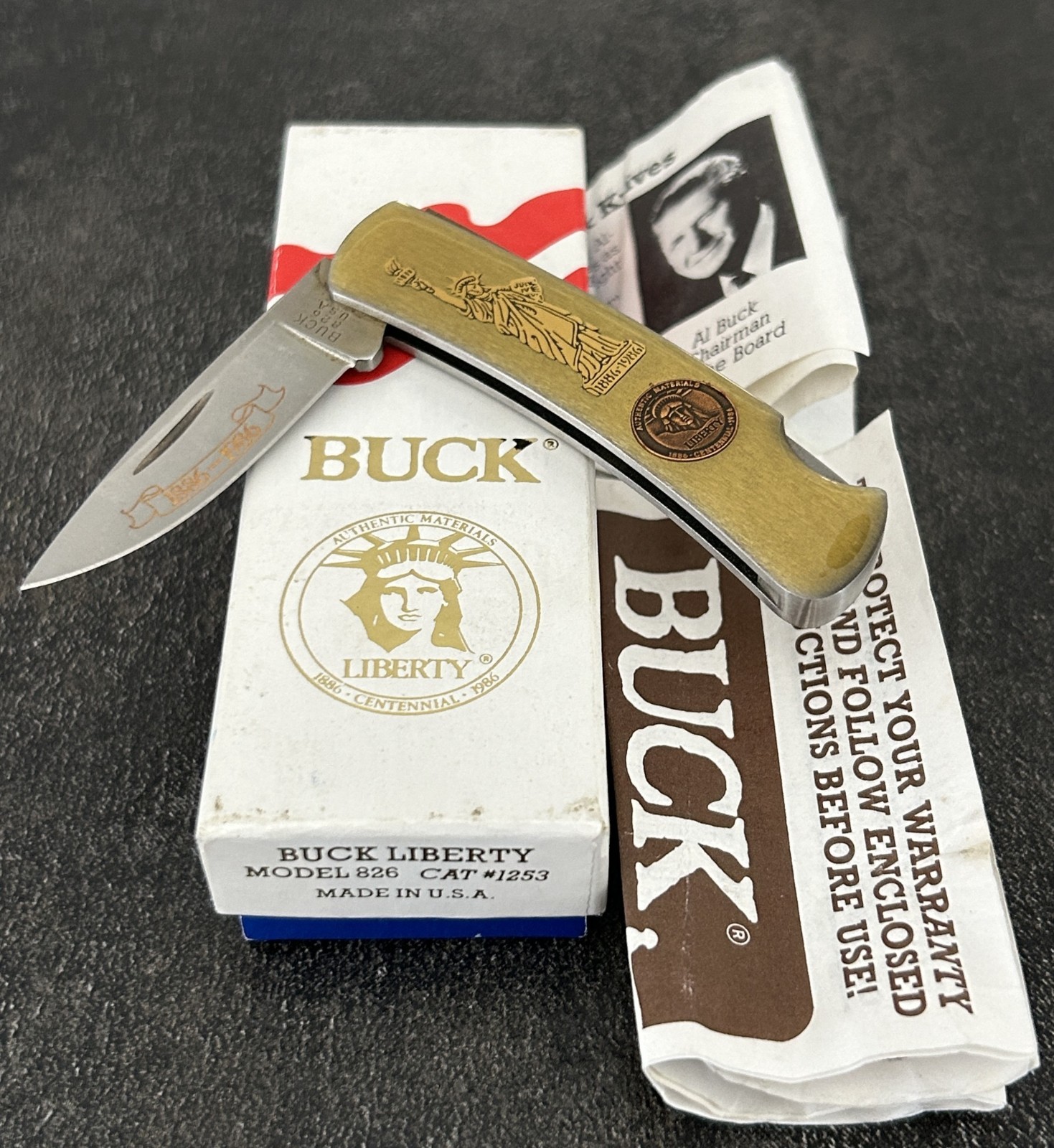 Vintage 1986 BUCK 826 Statue of Liberty Folding Pocket Knife Box Paperwork USA Vintage 1986 BUCK 826 Statue of Liberty Folding Pocket Knife Box Paperwork USA