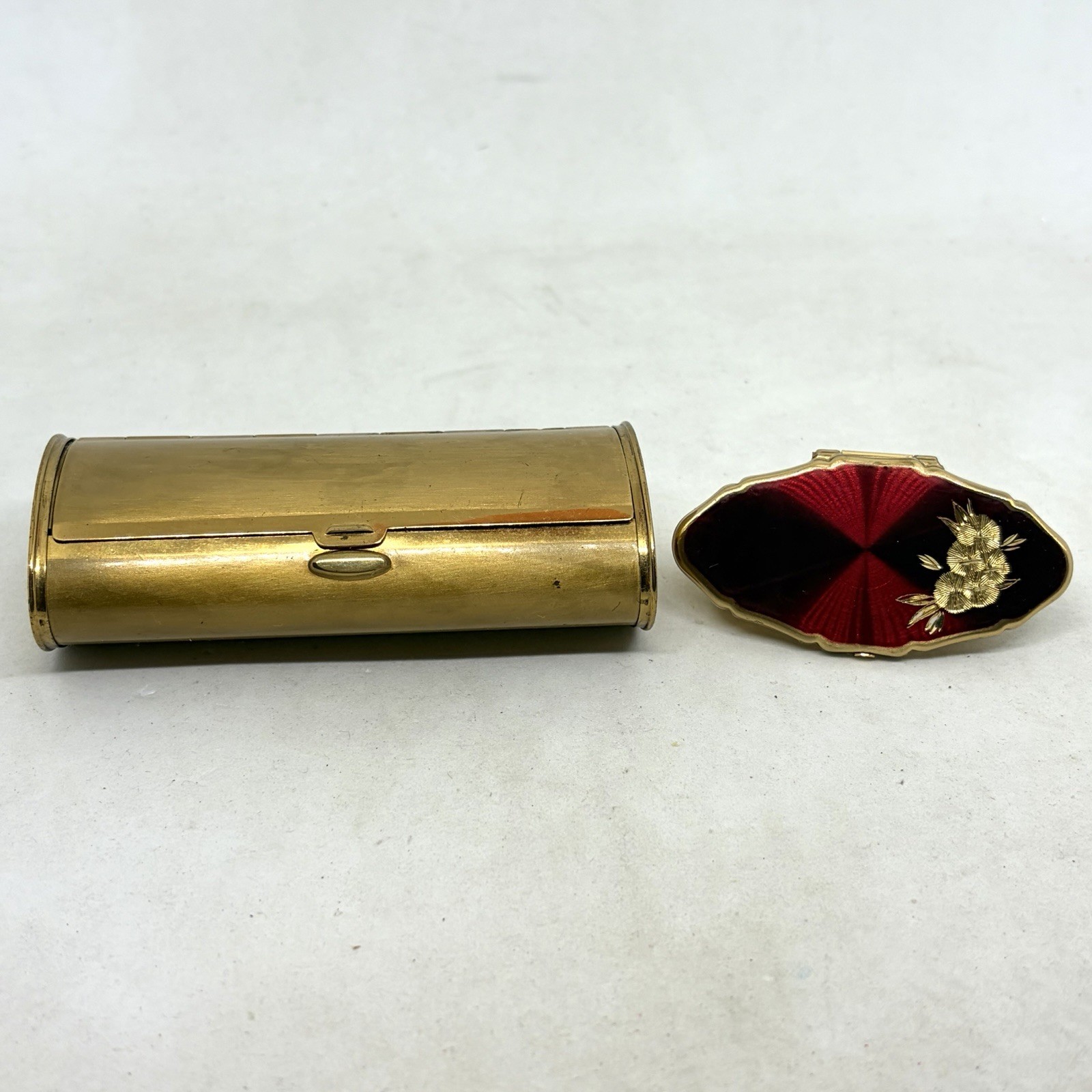 VTG 1950s Mid Century Gold Tone Brass Compact  & Stratton Lipstick Holder Mirror