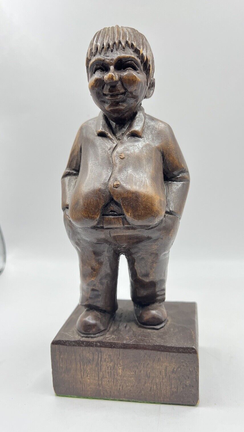 Hand Carved Wooden Statue/Figurine of Fat Man on Base  Signed Brad ‘77
